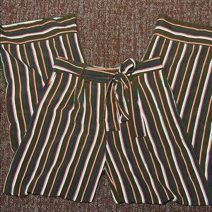 Dark green striped wide leg tie waist women’s large trousers